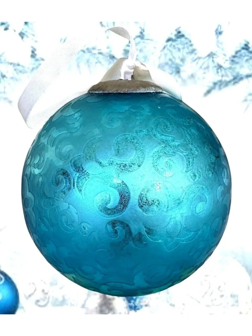 Vintage Large Aqua Blue Christmas Ornament Winter Snow Nostalgic White Ribbon